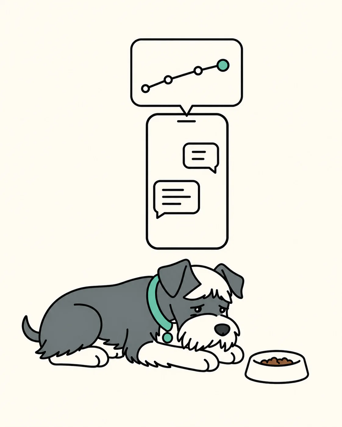 A dog beside a food bowl and a phone showing its chart